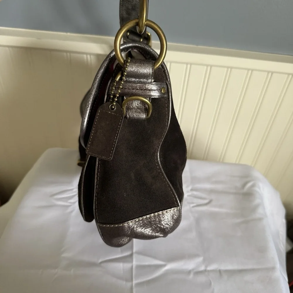 VTG COACH Y2K LEGACY ALI BROWN SUEDE METALLIC FLAP HOBO SHOULDER BAG PURSE